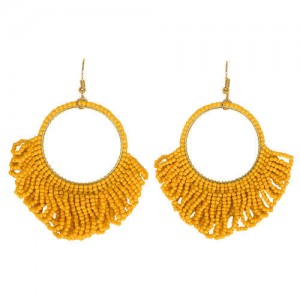 Mini Beads Tassel Bohemian Hoop Fashion Women Statement Earrings - Yellow