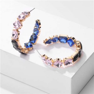 Glass Gems Embellished High Fashion Hoop Shape Women Costume Earrings