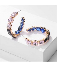 Glass Gems Embellished High Fashion Hoop Shape Women Costume Earrings