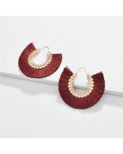 Cotton Threads Tassel Semi-circle Design High Fashion Women Earrings - Red Wine