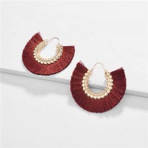 Cotton Threads Tassel Semi-circle Design High Fashion Women Earrings - Red Wine