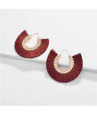 Cotton Threads Tassel Semi-circle Design High Fashion Women Earrings - Red Wine
