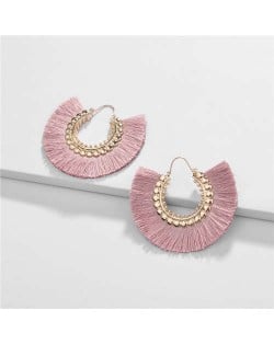 Cotton Threads Tassel Semi-circle Design High Fashion Women Earrings - Pink