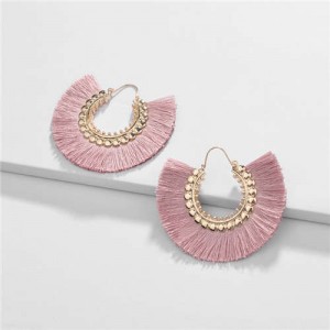 Cotton Threads Tassel Semi-circle Design High Fashion Women Earrings - Pink