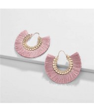 Cotton Threads Tassel Semi-circle Design High Fashion Women Earrings - Pink