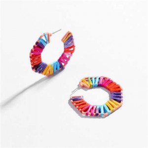 Hollow Weaving Pattern Semi-circle Shape Women Statement Earrings - Multicolor