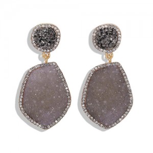 Resin Gem Dangling Irregular Shape Design Women Statement Earrings - Black