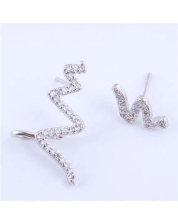 Cubic Zircona Embellished Cardiogram Asymmetric Design Women Fashion Earrings - Silver