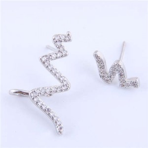 Cubic Zircona Embellished Cardiogram Asymmetric Design Women Fashion Earrings - Silver