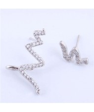 Cubic Zircona Embellished Cardiogram Asymmetric Design Women Fashion Earrings - Silver