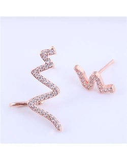 Cubic Zircona Embellished Cardiogram Asymmetric Design Women Fashion Earrings - Golden