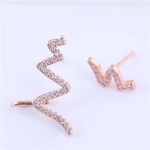 Cubic Zircona Embellished Cardiogram Asymmetric Design Women Fashion Earrings - Golden