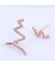 Cubic Zircona Embellished Cardiogram Asymmetric Design Women Fashion Earrings - Golden