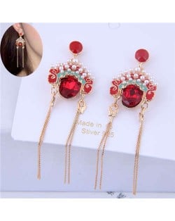 Rhinestone and Glass Embellished Beijing Opera Tassel Fashion Women Statement Earrings