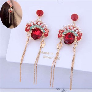 Rhinestone and Glass Embellished Beijing Opera Tassel Fashion Women Statement Earrings