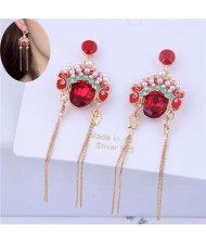 Rhinestone and Glass Embellished Beijing Opera Tassel Fashion Women Statement Earrings