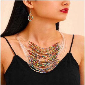 Colorful Beads Bohemian Multi-layer Design High Fashion Women Bib Necklace and Earrings Set