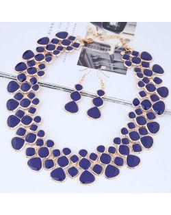 Oil-spot Glazed Unique Fashion Flower Cluster Design Alloy Costume Necklace and Earrings Set - Royal Blue