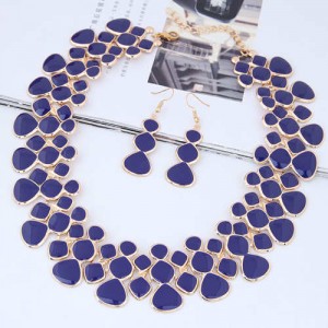 Oil-spot Glazed Unique Fashion Flower Cluster Design Alloy Costume Necklace and Earrings Set - Royal Blue
