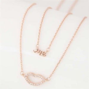 Lips and Alphabets Design Women Fashion Costume Necklace - Golden