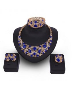 Blue Gems Inlaid Hollow Floral Royal Fashion Costume Jewelry Set