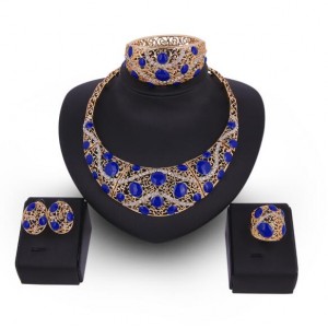 Blue Gems Inlaid Hollow Floral Royal Fashion Costume Jewelry Set