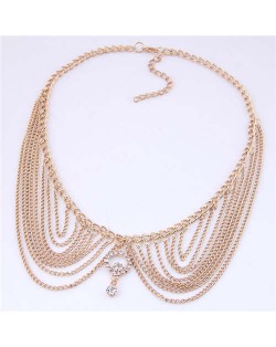 Rhinestone Decorated Collar Style High Fashion Women Statement Necklace - Golden
