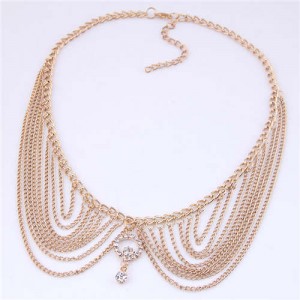 Rhinestone Decorated Collar Style High Fashion Women Statement Necklace - Golden