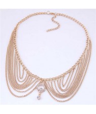 Rhinestone Decorated Collar Style High Fashion Women Statement Necklace - Golden