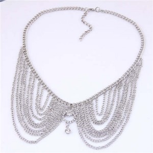 Rhinestone Decorated Collar Style High Fashion Women Statement Necklace - Silver