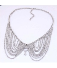 Rhinestone Decorated Collar Style High Fashion Women Statement Necklace - Silver