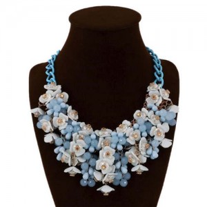 Bold Flower Cluster High Fashion Women Bib Necklace - Blue