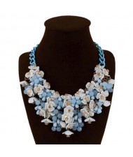 Bold Flower Cluster High Fashion Women Bib Necklace - Blue