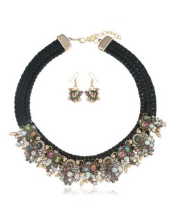 Glistening Flowers High Fashion Women Bib Necklace and Earrings Set - Black and Luminous Colorful