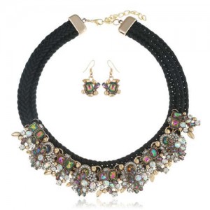 Glistening Flowers High Fashion Women Bib Necklace and Earrings Set - Black and Luminous Colorful