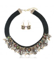 Glistening Flowers High Fashion Women Bib Necklace and Earrings Set - Black and Luminous Colorful