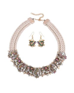 Glistening Flowers High Fashion Women Bib Necklace and Earrings Set - White and Luminous Colorful