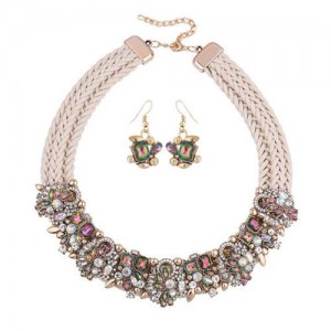 Glistening Flowers High Fashion Women Bib Necklace and Earrings Set - White and Luminous Colorful