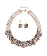 Glistening Flowers High Fashion Women Bib Necklace and Earrings Set - White and Luminous Colorful
