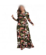 Camouflage Color High Fashion Women Long Dress - Navy Green