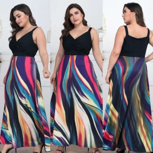V-neck Straps Abstract Color Design High Fashion Women Long Dress