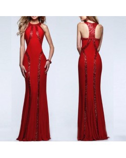 Paillettes Embellished Slim Fashion Women Long Evening Dress - Red