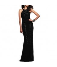 Paillettes Embellished Slim Fashion Women Long Evening Dress - Black