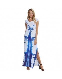Blue Printing Pattern High Fashion Women Long Dress