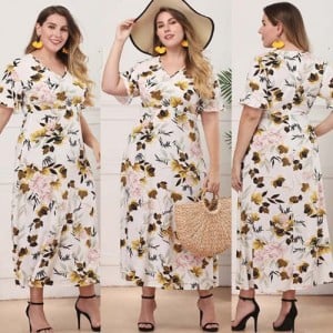 V-neck Spring Flowers Printing Pattern High Fashion Women Long Dress