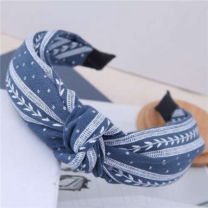 Plain Leaves Printing Bowknot Fashion Cloth Women Hair Hoop - Jeans Blue