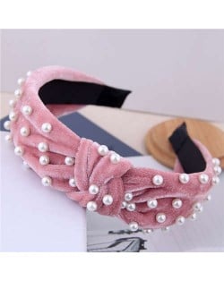 Artificial Pearl Embellished Velvet High Fashion Women Hair Hoop - Pink