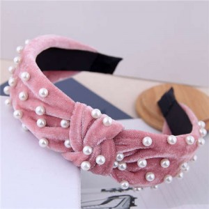 Artificial Pearl Embellished Velvet High Fashion Women Hair Hoop - Pink