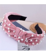 Artificial Pearl Embellished Velvet High Fashion Women Hair Hoop - Pink