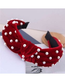 Artificial Pearl Embellished Velvet High Fashion Women Hair Hoop - Red